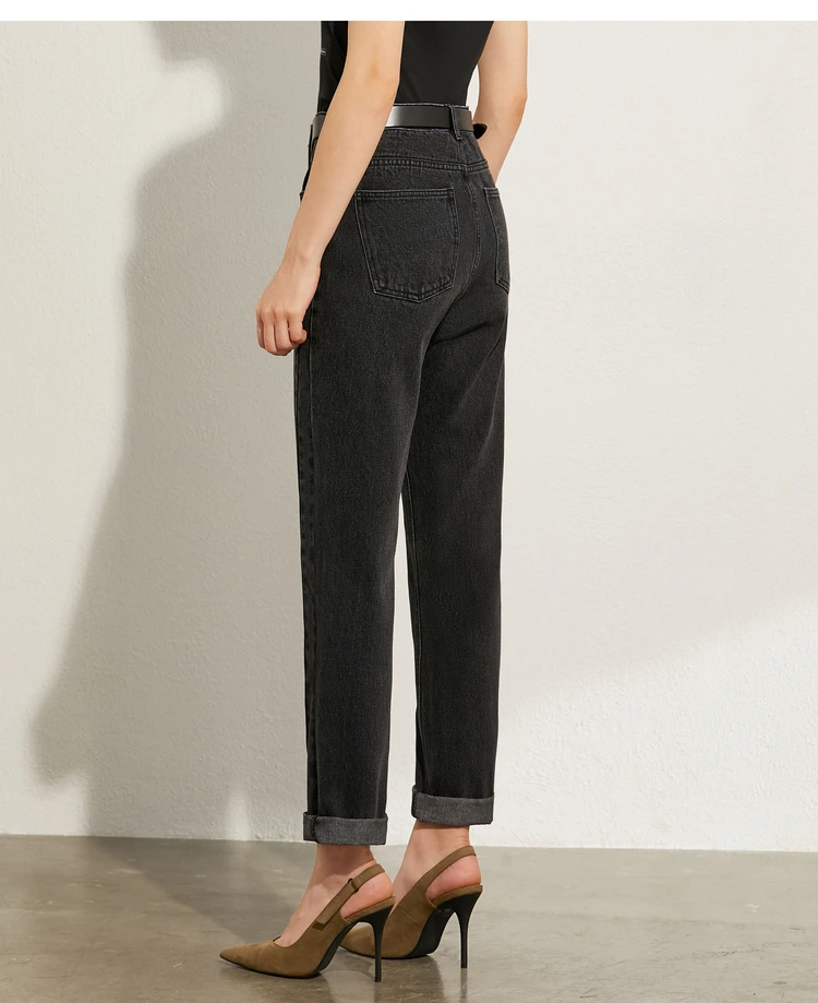 AMII Minimalism Summer Autumn Fashion Women Jeans Causal Cotton Black High Waist Straight Ankel-length Female Jeans 12040026