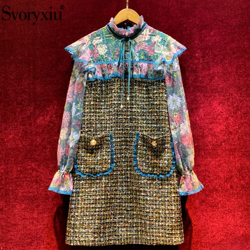 

Svoryxiu 2020 Autumn Winter Runway Fashion Dress Women's Elegant Flower Print Lace Patchwork Gold Line Tweed Vintage Party Dress
