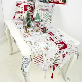 

35*200cm Cloth Snowman Elk Embroidered Tablecloth Christmas Table Runner Desktop Cover with Tassel