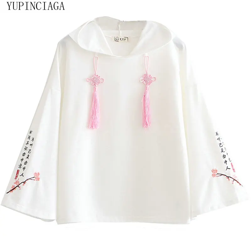 

Chinese Style Hoodies Sweatshirt Women Floral Chinese Character embroidery Tassel 2020 Spring Female Loose Hooded Pullovers