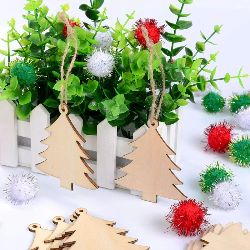 30 Pieces Wood Christmas Tree Blanks Wooden Tree Embellishments with 10 Meters Natural Twine for Holiday Party Decoration