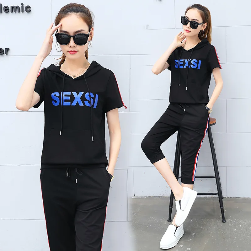 

Photo Shoot 9919 Sports WOMEN'S Suit Summer 2019 Loose-Fit Slimming Leisure Suit Hooded Short Sleeve Capri Pants Two-Piece Set