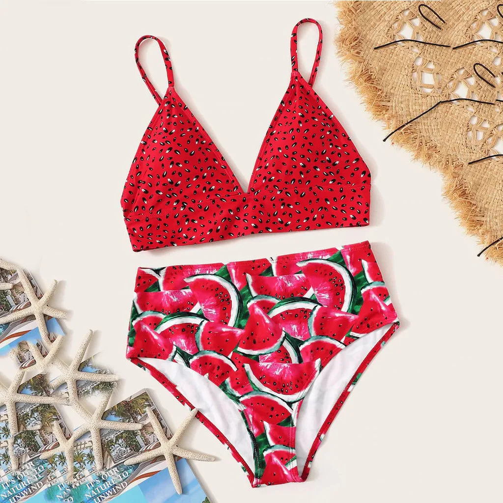 

JAYCOSIN Cute Watermelon Print Swimwear Women Slim High Waist Retro Split Bikini Beach Bathing Swimsuit Set Sexy 2020 New Summer