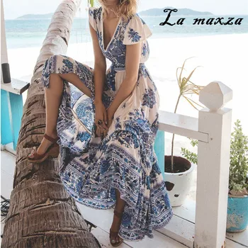 

2020 Summer Elegant Women Print Maxi Dress Beach Style Deep V-neck Sexy Slim Women Dress