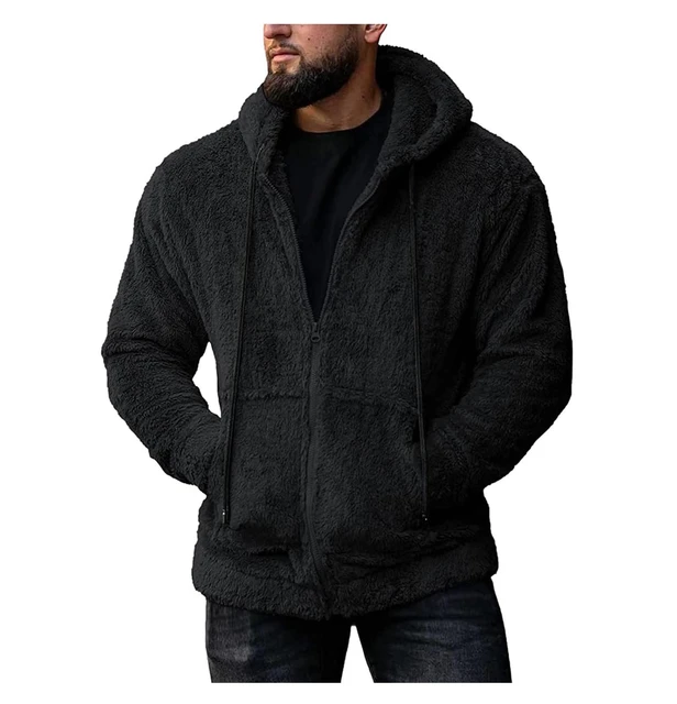 Homme Polaire Doublé Zip Up Capuche Peluche Veste Hiver Chaud Hoodie  Manteau Tops