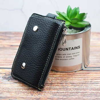 

key packet for man and woman genuine leather keys wallet unisex vintage zipper solid color key bag soft Cowhide male key holder