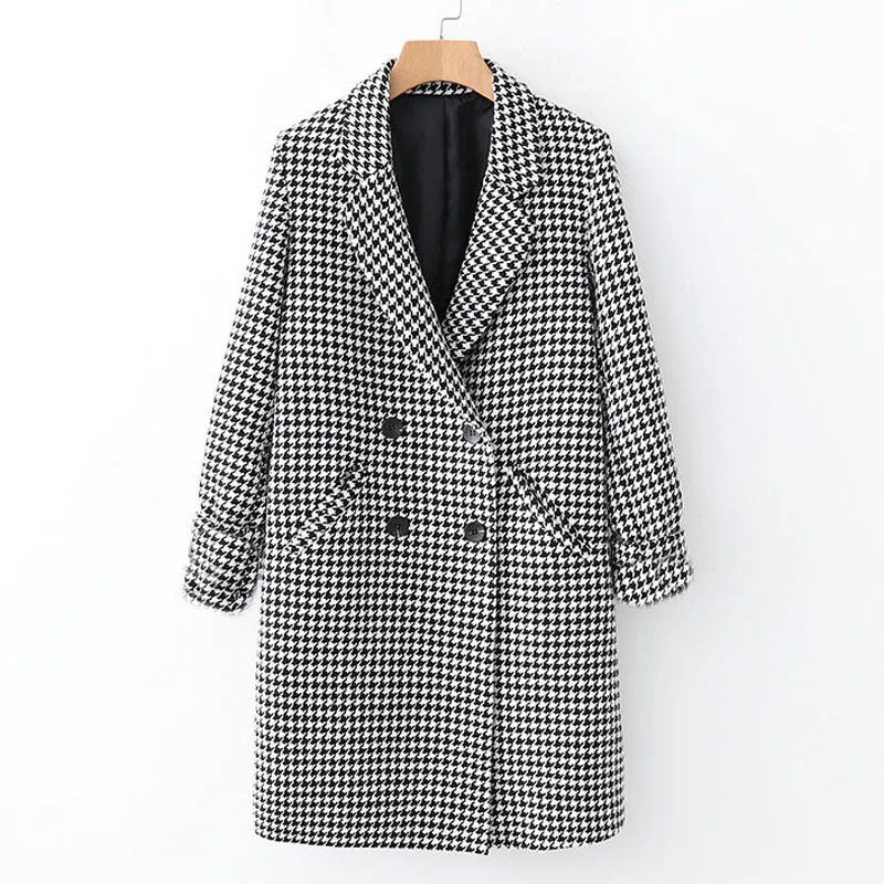 AGong, двубортное пальто из искусственной шерсти, женские модные куртки с узором "гусиная лапка", женские элегантные пальто с карманами, женские пальто JL