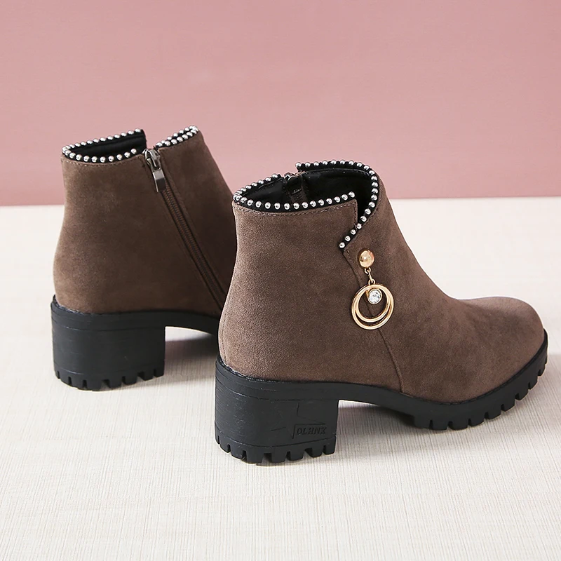 Autumn Winter Warm Women Ankle Boots Square High Heels Leather Boots Pointed Martin Boots Casual Pumps
