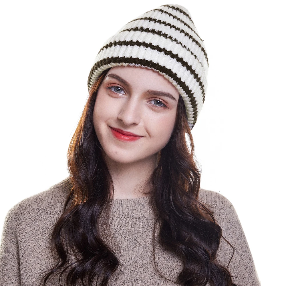 WELROG, теплая вязаная шапка Skullies, зимняя шапка, полосатая шапка, шапки, новые шапочки, Женская Повседневная Складная элегантная шапка - Цвет: Белый
