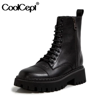 

CoolCept Real Leather Women Ankle Boots Cross Strap Round Toe Zipper Shoes Flats Winter Warm Fashion Footwear Size 34-39