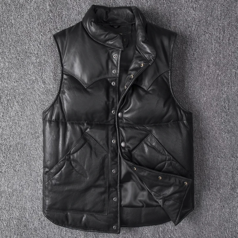 

Winter Warm Mens Down Vest Waistcoat Real Leather Sleeveless Weskit Dad Slim Fit Big and Tall Man Sheepskin Vest Autumn Winter