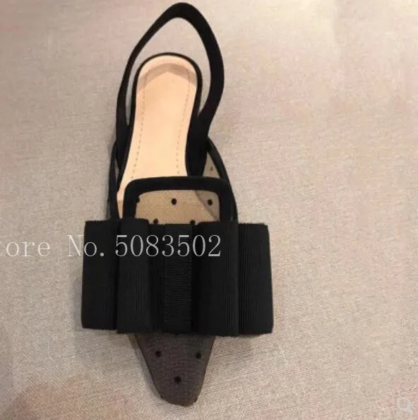Black Dot Lace Mesh Ballet Low Heels Slingback Sandals Women Shoes Big Bow Pointy Toe Summer Chaussures Femme