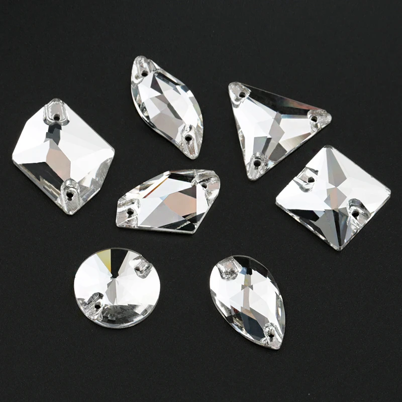 

Hot Seller Shape Sew On Crystal Clear Strass DIY 2 Holes Rhinestone Glass Sewing Stone Sew Rhinestones For Garment