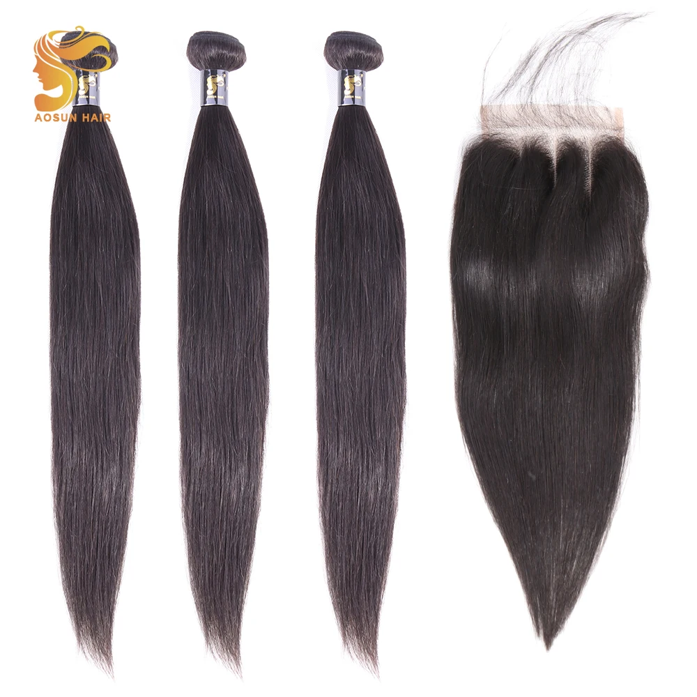 

AOSUN HAIR Peruvian Straight Hair Weave Bundles 100% Human Hair Bundles With Closure 8-26inch Remy Hair Extensions Natural Color