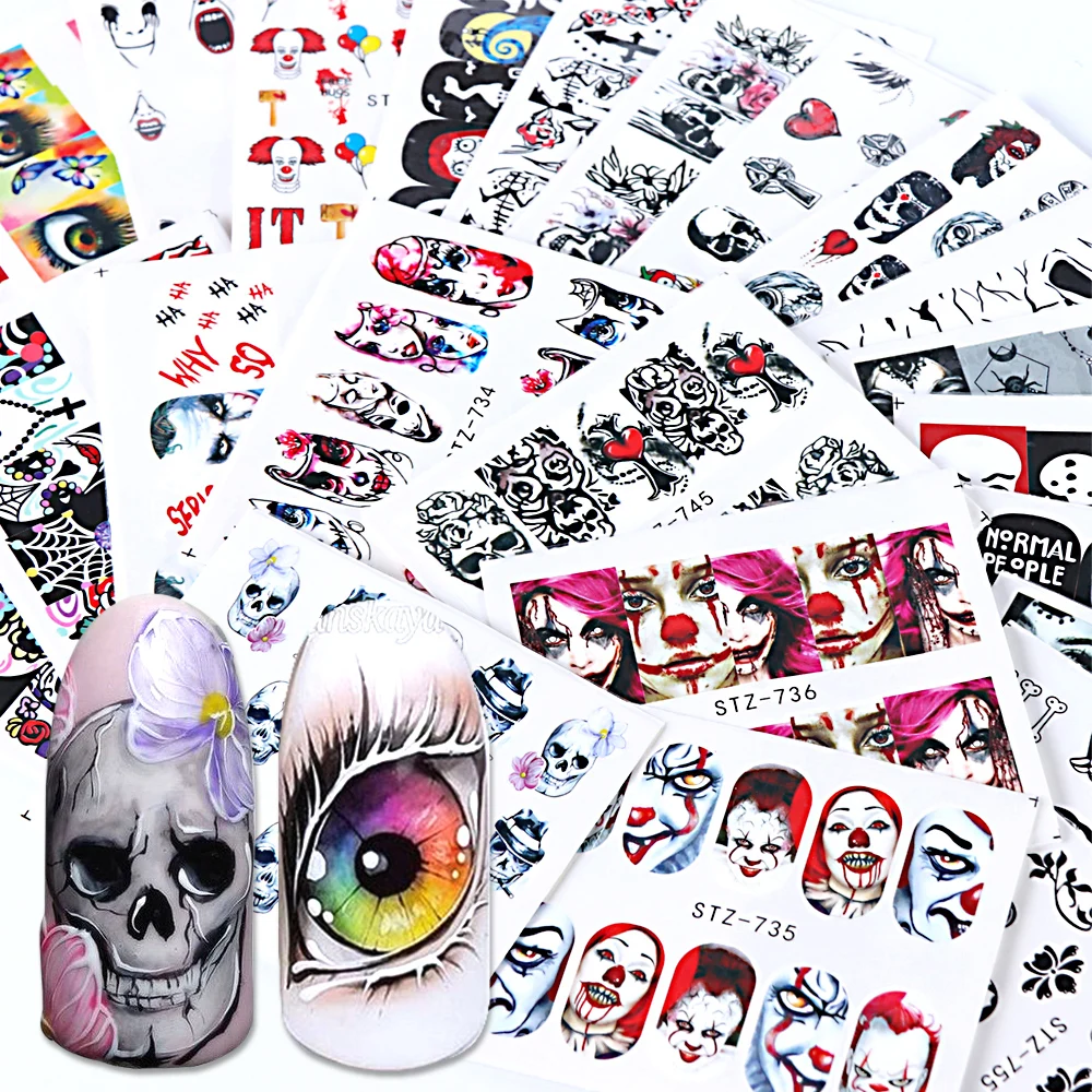 

24pcs Black Skull Nail Wraps Water Decals Red Sliders Halloween Eyes Clown Zombie Decoration Manicure Tools Tattoo BESTZ731-755