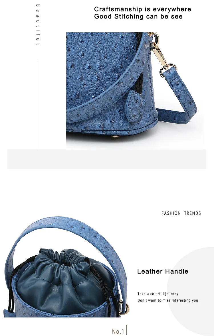 Fashion Blue Ostrich Leather Bucket Bags For Women Small Shoulder Messenger Bag Sexy Snake Cute Tote Purse