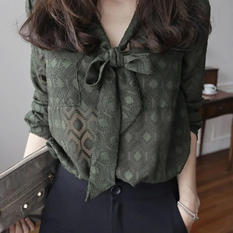 

Spring Cotton Blouse Women Fashion Casual Print Blouses Bow Collar Long Sleeve Shirt