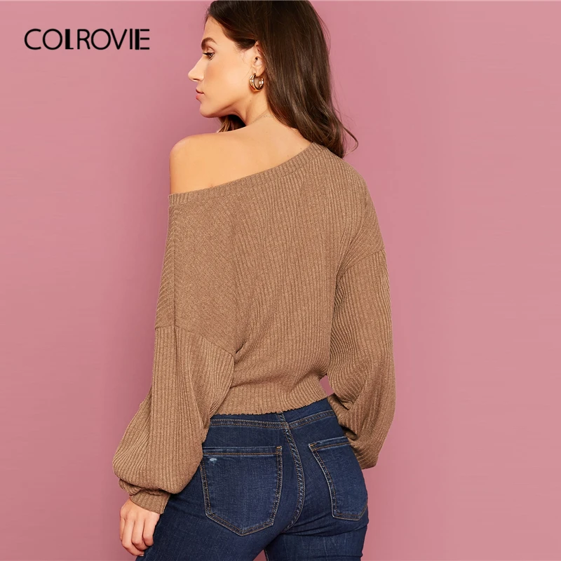 COLROVIE, ребристая трикотажная футболка с узлом, женская футболка с вырезом лодочкой, стильные футболки, Осенние повседневные пуловеры с рукавом Бишоп, сексуальные однотонные Топы