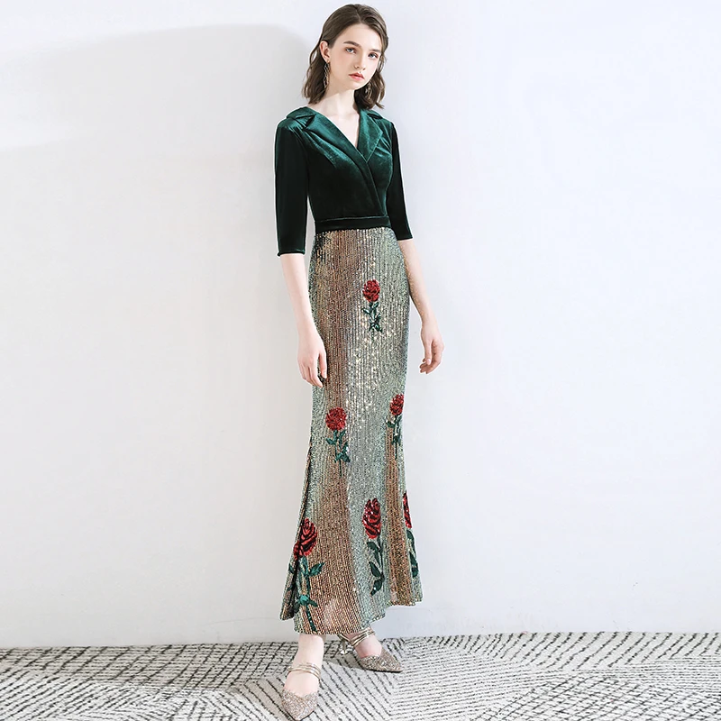 AE686 Robe De Soiree сексуальное платье с v-образным вырезом и рукавами средней длины, зеленое длинное вечернее платье с блестками, элегантные вечерние платья