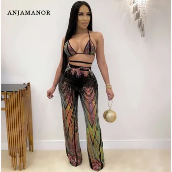 

ANJAMANOR Sexy Glitter Sequin Women Two Piece Club Outfits 2pcs Crop Top and Pants Matching Sets Festival Clothing Rave D57-AH96