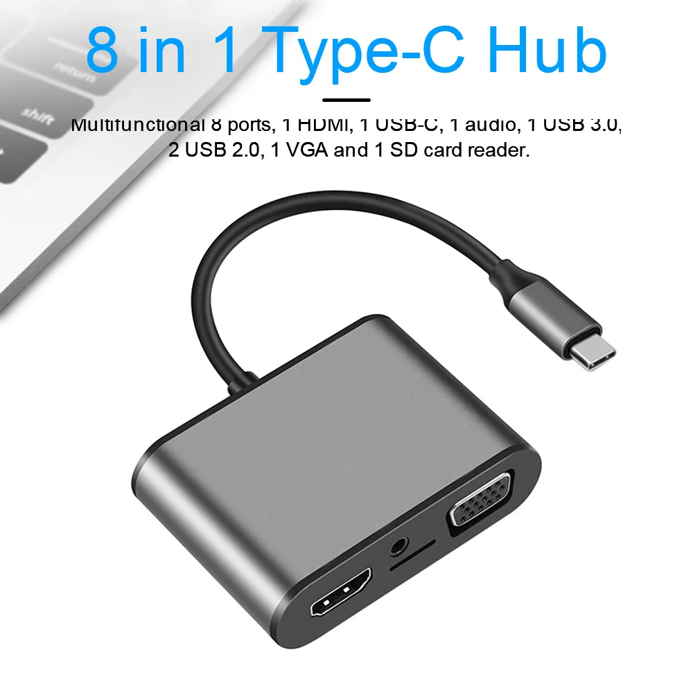 

8-in-1 USB C Hub USB-C to HDMI VGA Adapter Thunderbolt 3 Type-C PD TF 3.5MM Reader Slot USB3.0 HUB 5Gbps VGA With C-type Ports