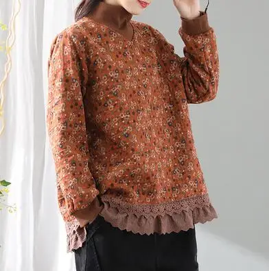 old orange Women T shirt Autumn Spring Women Fleece Long-sleeved Turtleneck Print Floral Lace Women Coat Fashion Pullovers - Color: old orange