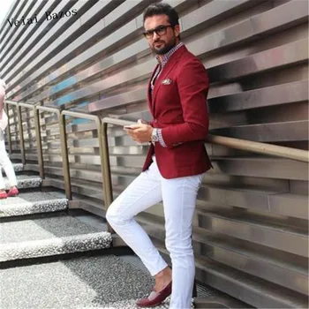 

Men's Casual Suits Burgundy Blazer White Pants Groom Wedding Party Tuxedo Custom Suits For Men Prom Man Tuxedo Blazer