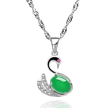 

Elegant swan emerald agate green jade zircon diamonds gemstones pendant necklaces for women jewelry silver color argent bijoux