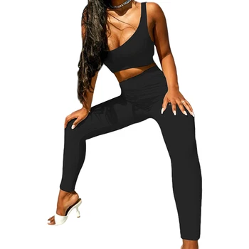 

2020 Ladies Clothes Set Summer Women Solid Color Crop Tops High Waist Trousers Breathable Suit Ladies Clothing Set Streetwear