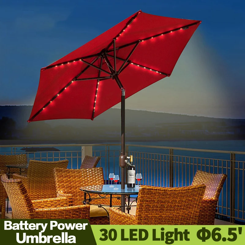 AULAYSED Outdoor Patio Beach Market Aluminium Umbrella Solar Powered 30 LED Light Crank Tilt (with Out Base) |
