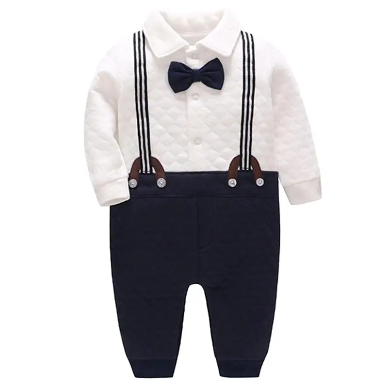 Famuka/зимняя одежда для малышей утепленный комплект джентльмена из 2 предметов для новорожденных мальчиков; комбинезон с галстуком-бабочкой+ жилет; праздничное платье на день рождения для малышей комбинезон для мальчиков - Цвет: White