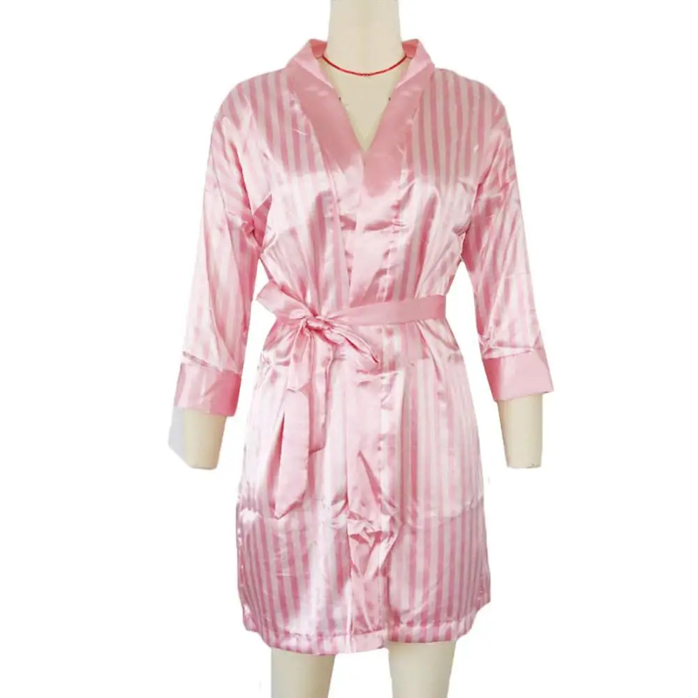 Антибактериальное здоровое шелковое кимоно в полоску халат женский шелковый халат для подружки невесты сексуальные халаты Атласный халат женские халаты - Цвет: Розовый