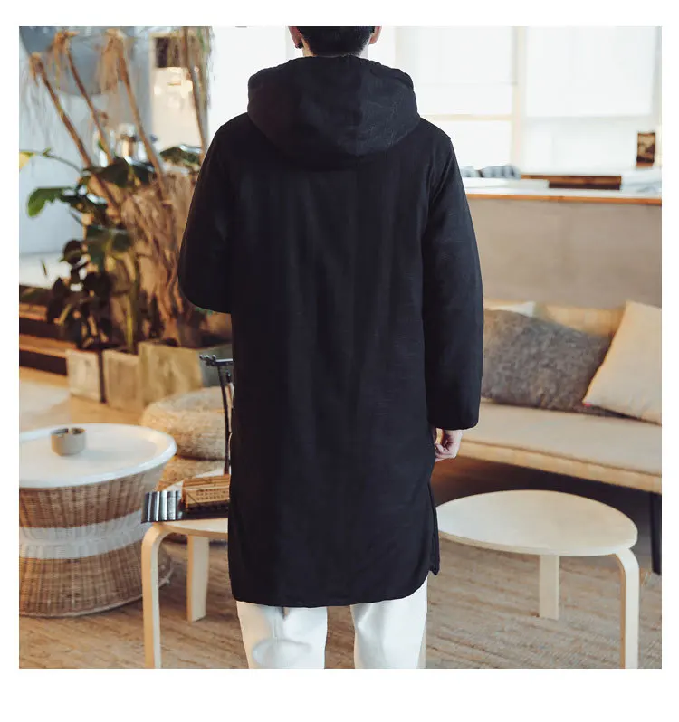 Winter New Style Cotton Linen Retro Frog Hooded Cotton-padded Clothes Men's Middle Long Coat