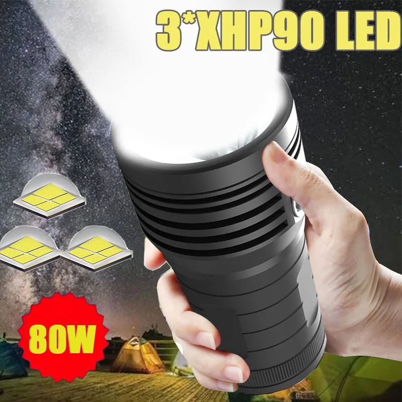 

10400mAH Quad Core 3*XHP90 Ultra Powerful LED Flashlight XHP70 XHP50 18650 Built-in Battery USB 3 Modes Waterproof Torch