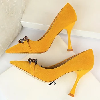 

2020 Women 9.5cm High Heels Wedding Bridal Prom Pumps Lady Scarpins Crystal Yellow Stripper Luxury Red Sexy Office Tacons Shoes