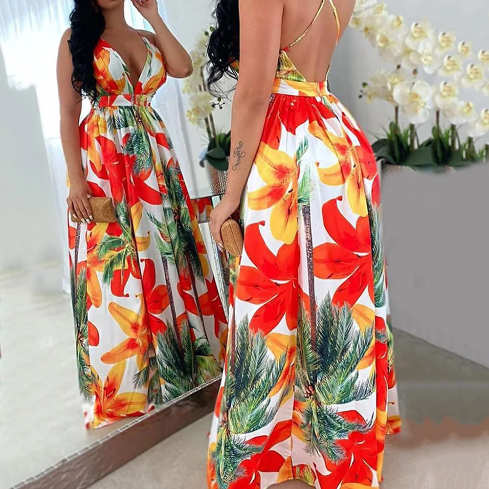 

Sexy Backless Prom Party Dress Summer Spagehetti Strap Red Print Women Vestidos Gown Draped A-Line Long Robe Femme Beach Tunic