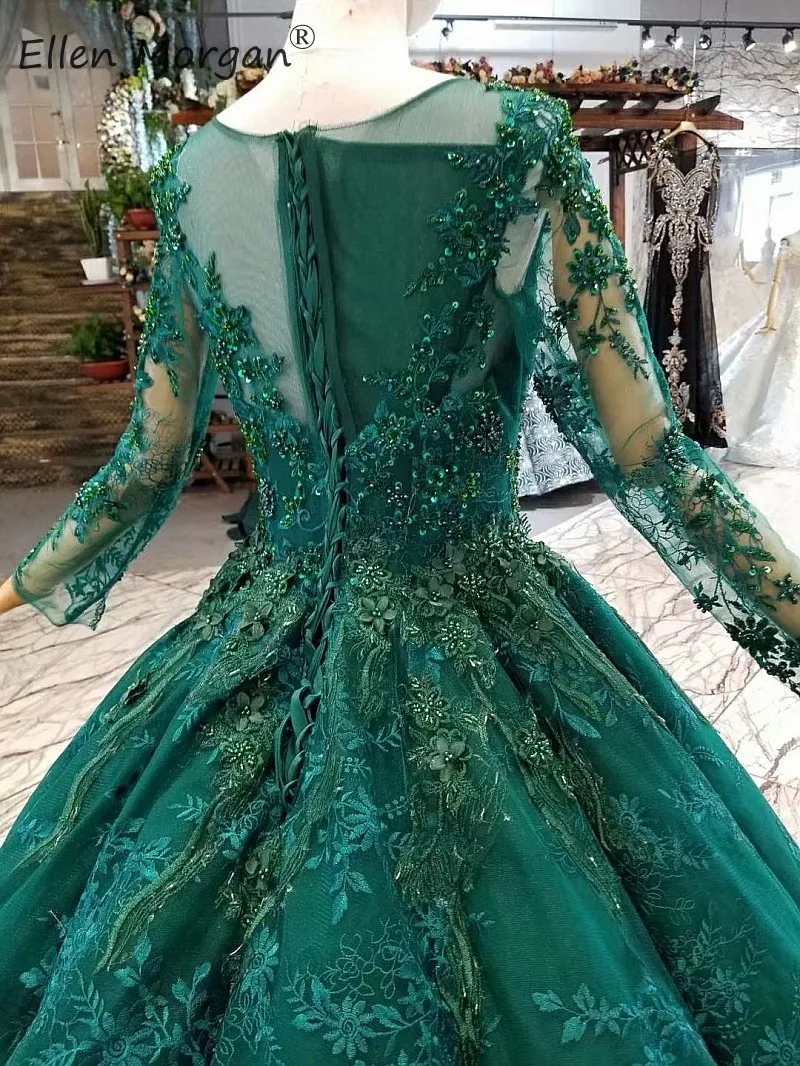 Vestidos De Novia, темно-зеленое кружевное свадебное платье,, элегантное, с длинным рукавом, вырез лодочкой, аппликация, официальное, бальное платье невесты для мусульманских женщин