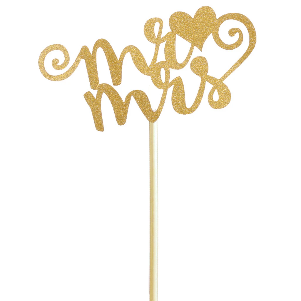 20pcs/set Glitter Paper Wedding Mr & Mrs Heart Cake Cupcake Topper Pick Decor Gold/Silver