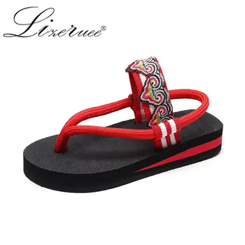 

Lizeruee Fashion Women Sandals Thong Outdoor Roman Platform Sandals Flip Flop Embroidery Seaside Beach Sandals Bohemia Style
