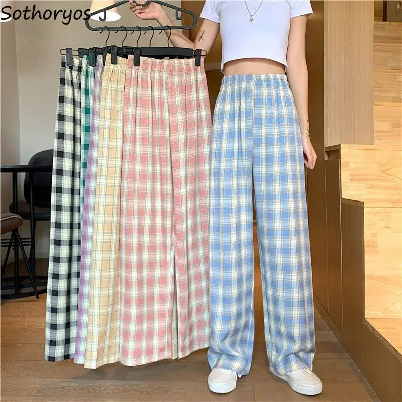 

Sleep Bottoms Women Casual Pajama Pants Plaid All-match Elastic Waist Outwear Fashion Home Lounge Wear Daily Korean Style Chic
