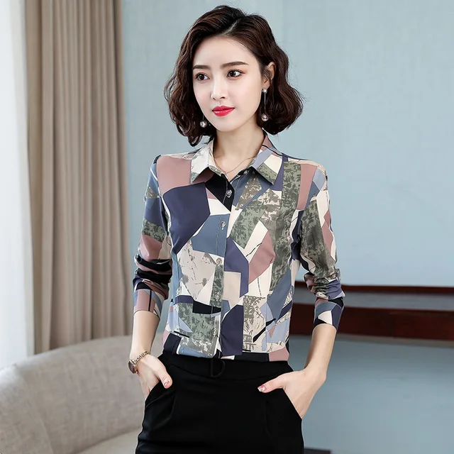 Women Autumn Print Chiffon Shirt Slim Long Sleeve Blouse Office Lady Shirts Elegant Blouses Feminino Camisa Tops Plus Size 4XL 2