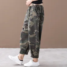 Осенние зимние джинсы женские свободные повседневные брюки карго женский эластичный пояс карман отверстие винтажные джинсовые брюки