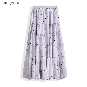 

Bohemian Summer Long Chiffon Skirt Women Casual Polka Dot Pleated Skirts Green Grey Ladies Beach Style Skirts 2020 High Quality