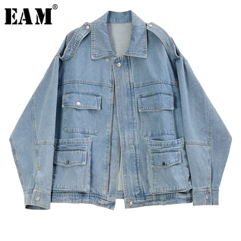 

[EAM] Loose Fit Blue Pocket Split Joint Big Size Denim Jacket New Lapel Long Sleeve Women Coat Fashion Tide Spring 2020 1S259
