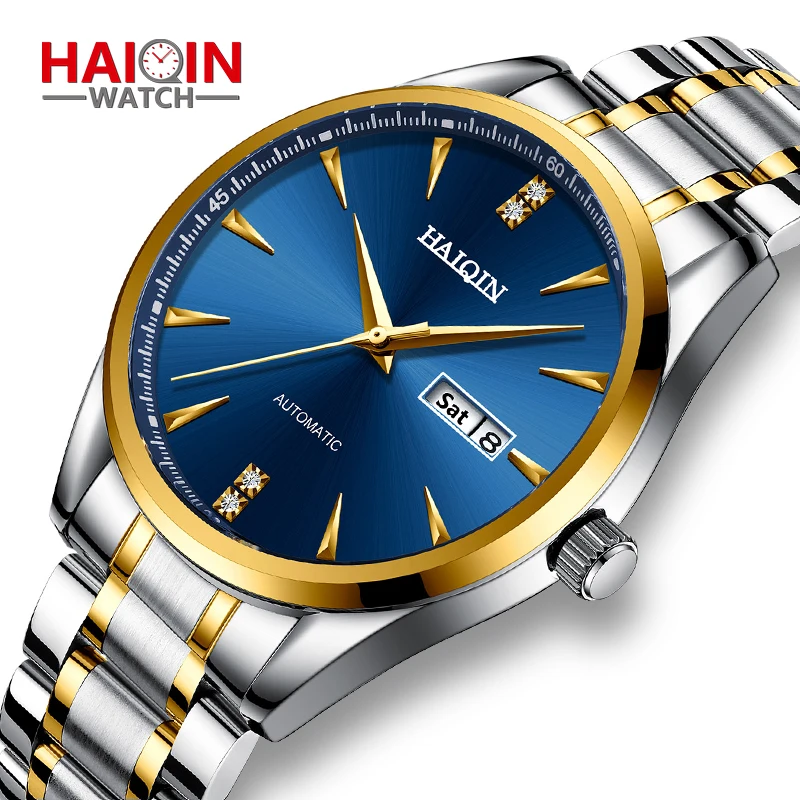 

HAIQIN Men's Watches Stainless Steel Mechanical Wrist Watch Automatic Self Wind Waterproof Wristwatch Auto Date Business Clock
