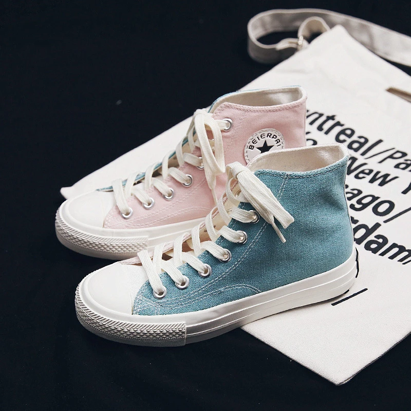 Fashion Shoes Woman Summer New Fashion Women Shoes Casual High Top Patchwork Canvas Women Casual Shoes Mixed Color Sneakers - Цвет: Pink Blue A