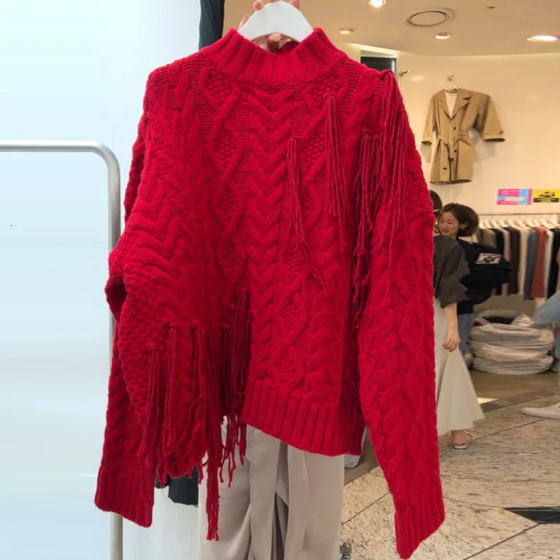 [EWQ] Повседневный красный пуловер с круглым вырезом и кисточками, длинный рукав, вязаный корейский тренд, свободный женский свитер, Осень-зима, новинка, QK811