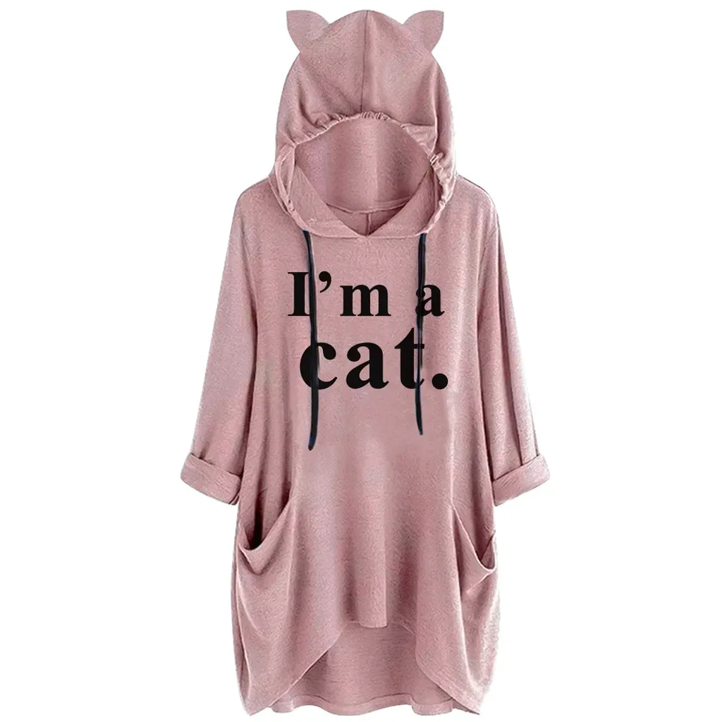 Харадзюку худи с кошачьими ушами для женщин kawaii I Am A Cat с буквенным принтом толстовка с капюшоном Большие размеры Топы Блузка с карманами верхняя одежда