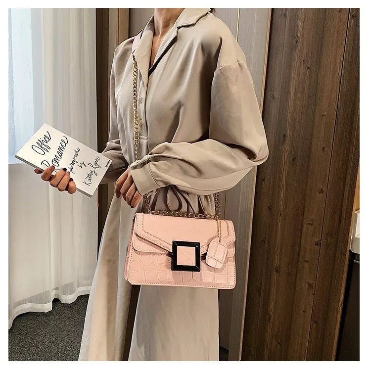 2019New Wave Korean Version of The Wild Chain Small Square Bag Summer Stone Pattern Twill Shoulder Messenger Bag FemaleSmall Bag