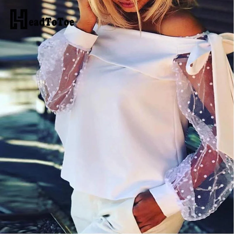 

Women Off Shoulder Dot Print Mesh Sleeve Blouses Female Long Sleeve Casual Elegant Blouse Tops